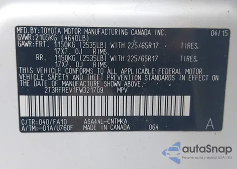 2015 Toyota Rav4 Xle из США, поврежденный, VIN 2T3RFREV1FW321709